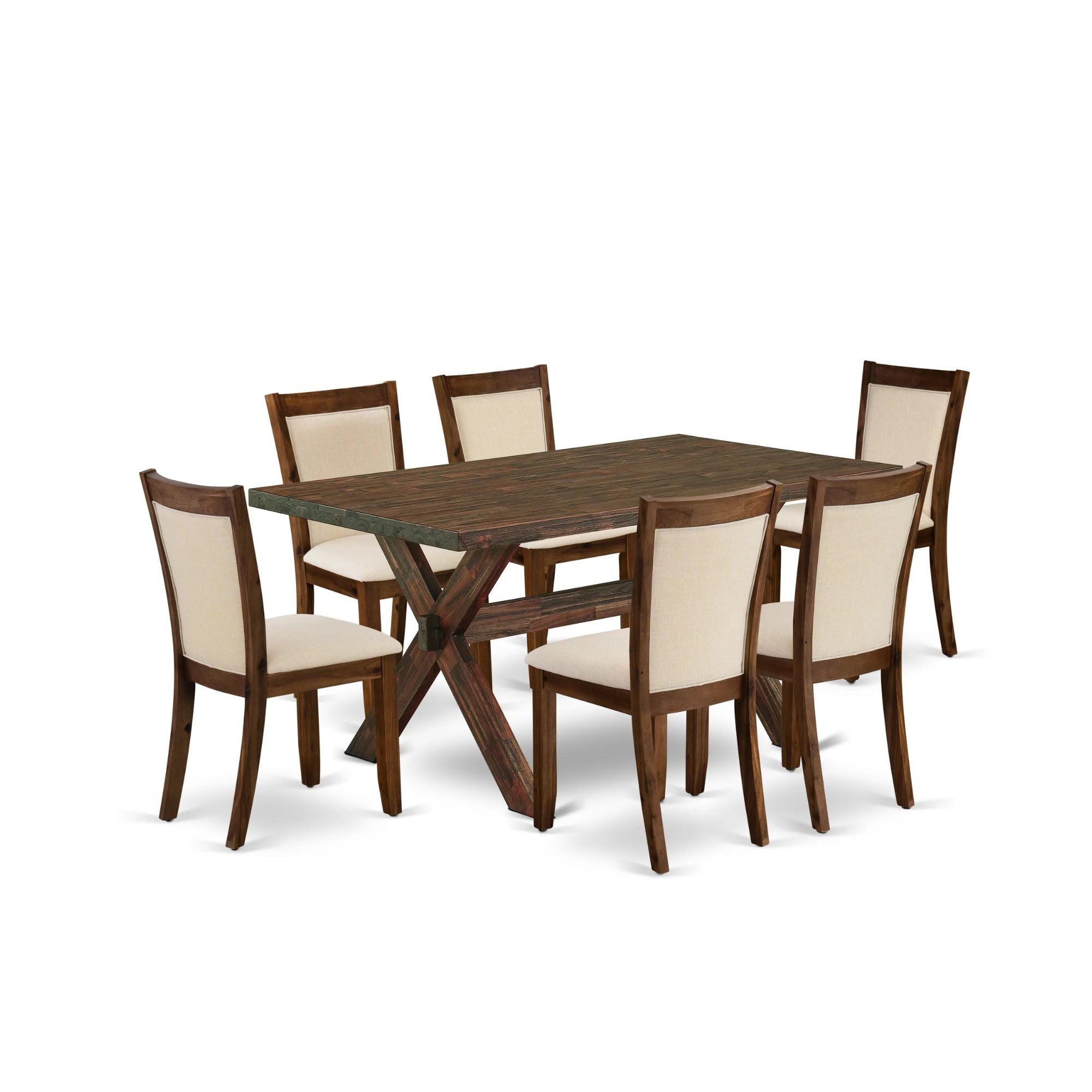East West Furniture X776Mzn32-7 7 Piece Dinette Set Consist Of A Rectangle Dining Room Table With X-Legs And 6 Light Beige Linen Fabric Upholstered Parson Chairs, 36X60 Inch, Multi-Color