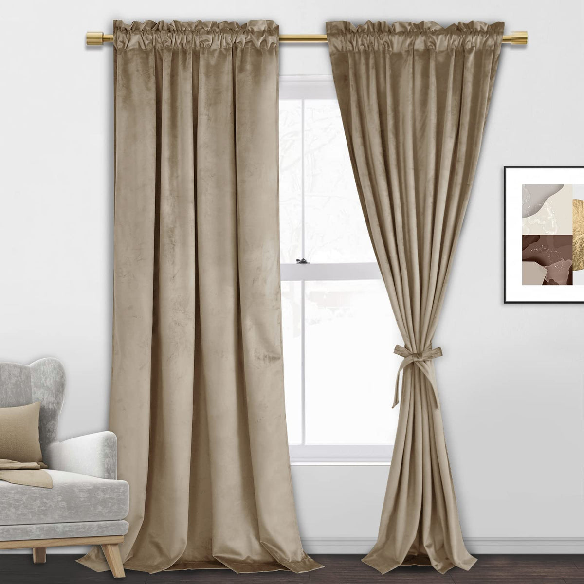Jiuzhen Taupe Velvet Curtains Luxury Super Soft Thick Thermal Insulated Window Drapes Light Blocking Curtains For Bedroom/Living