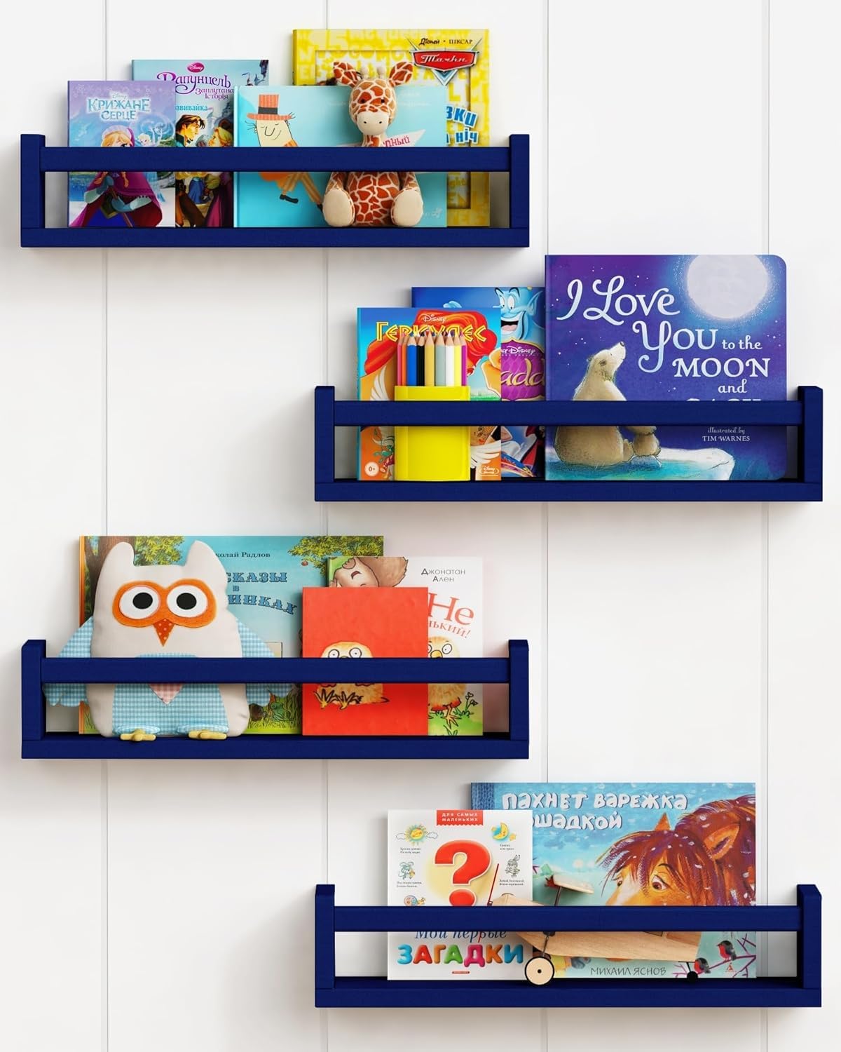 WooDinzo Floating Nursery Book Shelves for Wall Set of 4, White Wall Bookshelf for Kids Room, Small Book Shelf Bookshelves for B