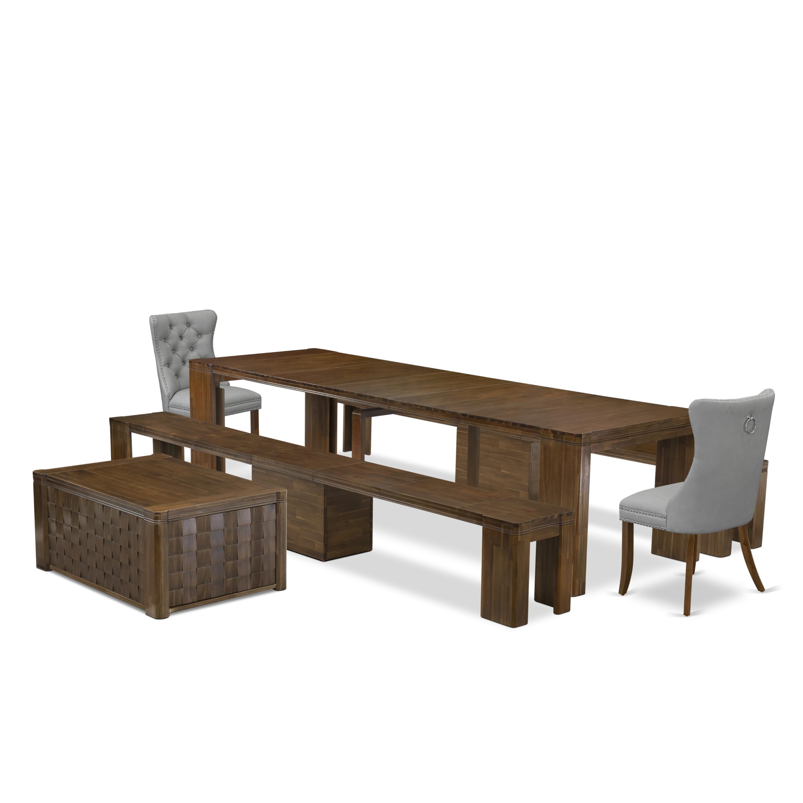 Luxe by East West Furniture - X02DA-2C8-27 - 6 Pieces Dining Table Set includes an Extendable Rectangle Kitchen Table, 1 Coffee Table, 2 Dining Chairs and 2 Benches, 39x120 Inch, Antique Walnut