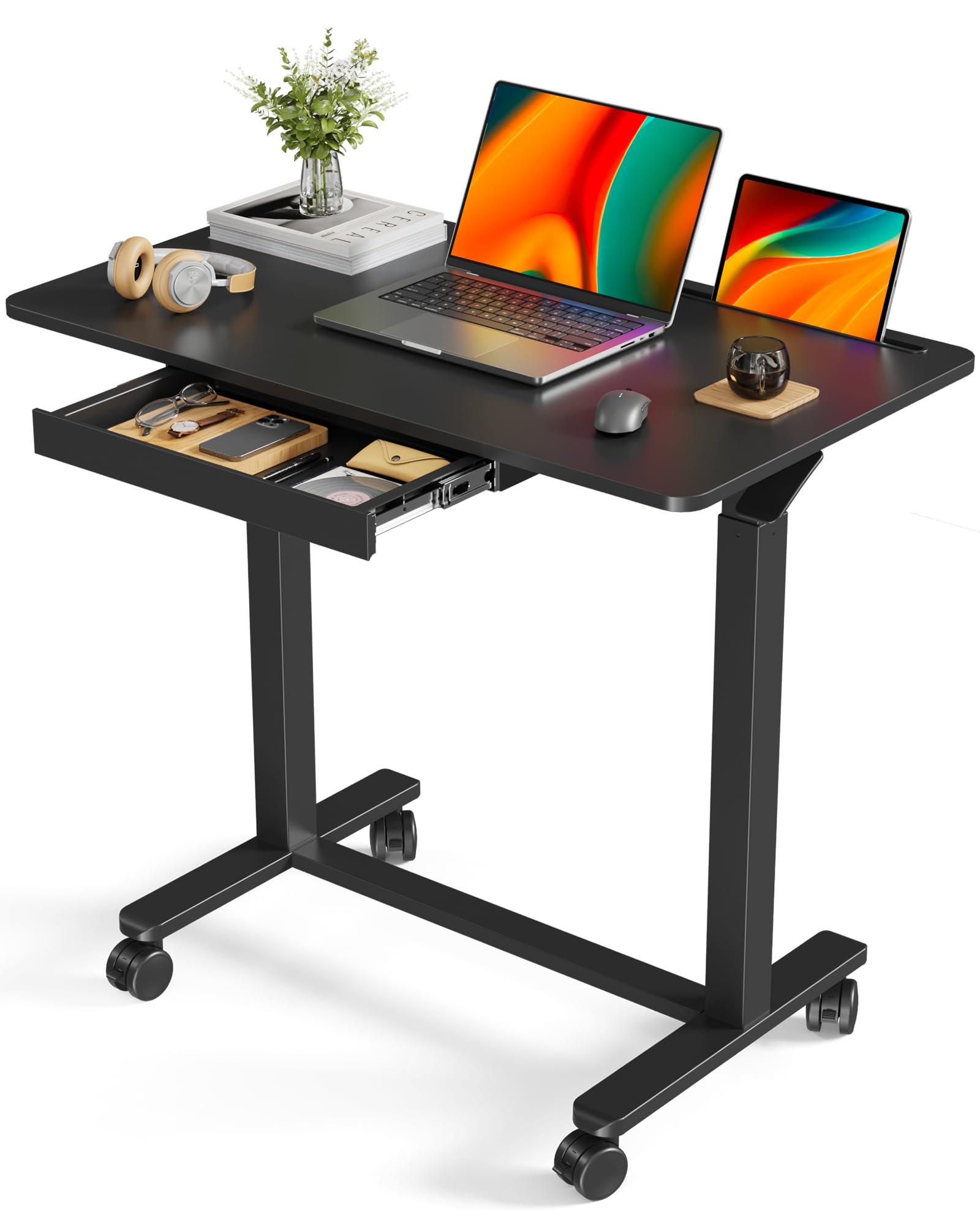 Liftsync Mobile Standing Desk, 35inch Small Rolling Table with Drawer, Height Adjustable Sit Stand Workstation, Black Portable L