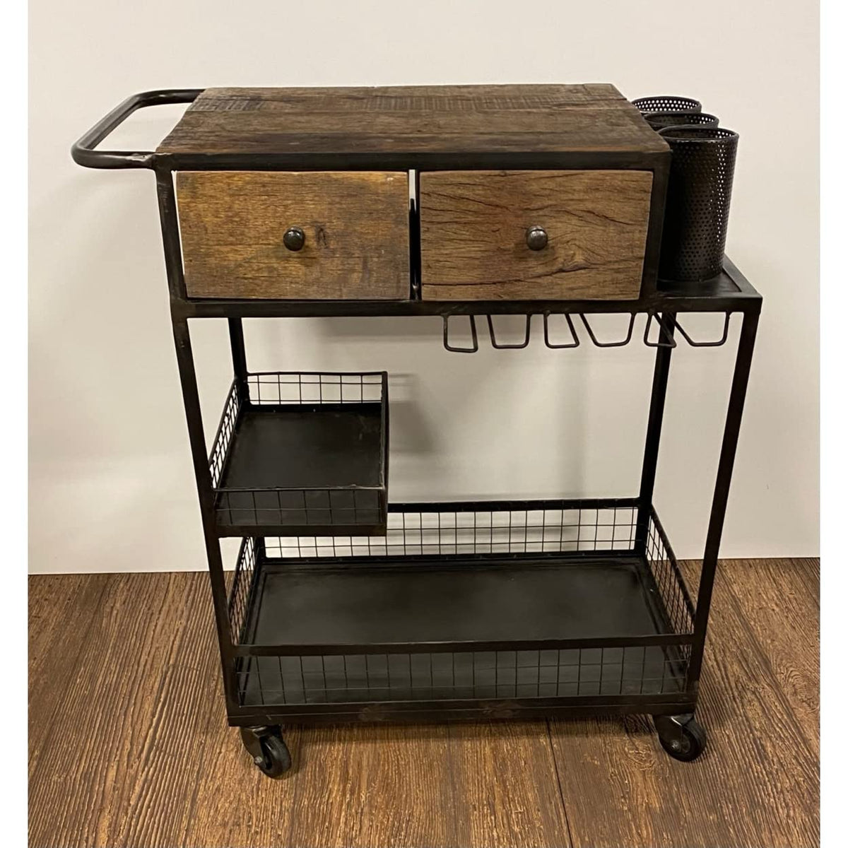 HomeRoots Wood and Iron Rolling Rustic Black and Natural Bar Cart