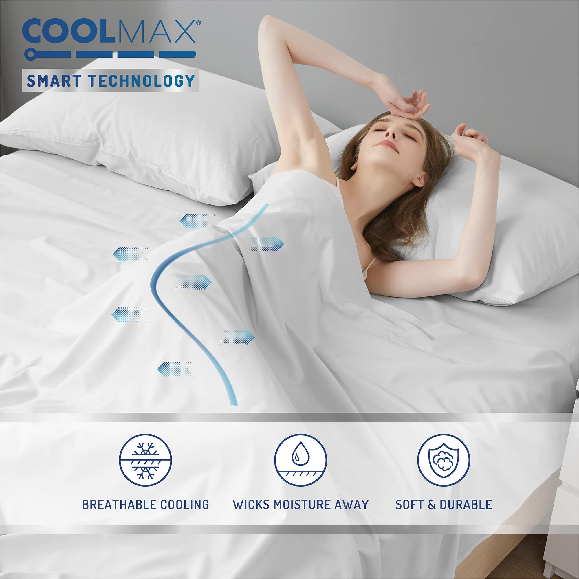 Degrees Of Comfort Coolmax Cooling Sheets Set For Twin Xl Size Bed, Moisture Wicking For Night Sweats Best Comfort, Cool Sheets For Hot Sleepers During Warm Weather With Deep Pocket, White-3Pc