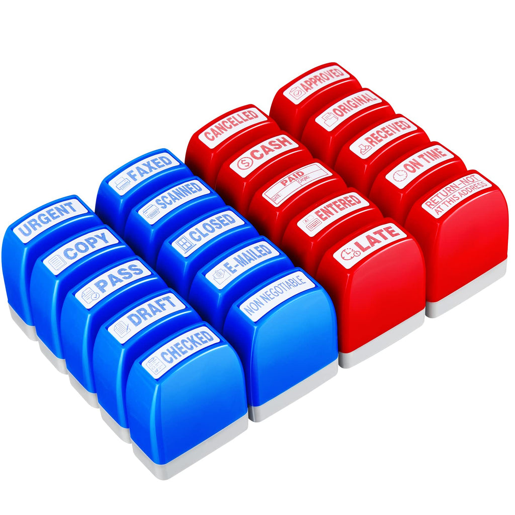 Tinlade 20 Pcs Self Inking Rubber Stamp Set for Office – Blue & Red Ink, 2.1 x 1.7 inches, Perfect for Business Messaging & Filing