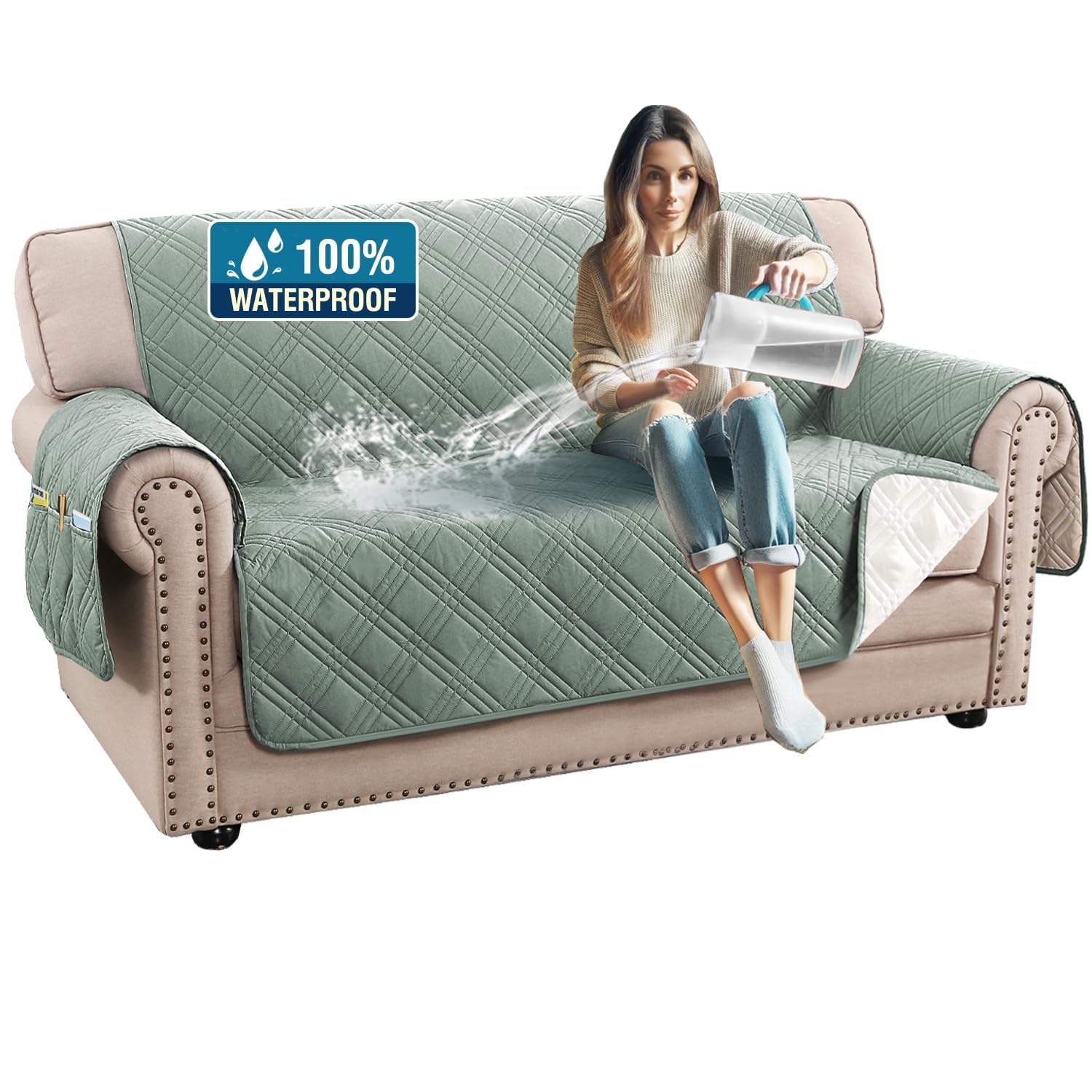 H.Versailtex 100% Waterproof Couch Covers For 2 Cushion Couch Sofa Modern Sofa Covers Waterproof And Washable Thick Soft Couch Cover For Dogs With Elastic Straps (Loveseat, Lily Pad/Beige)