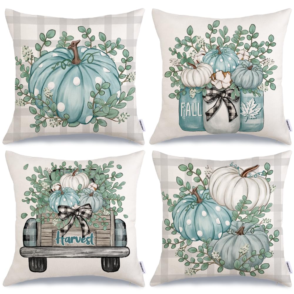 Geeory Fall Pumpkins Throw Pillow Covers 16X16 Inch Set Of 4, Eucalyptus Truck Mason Jars Autumn Decorative Seasonal Farmhouse D
