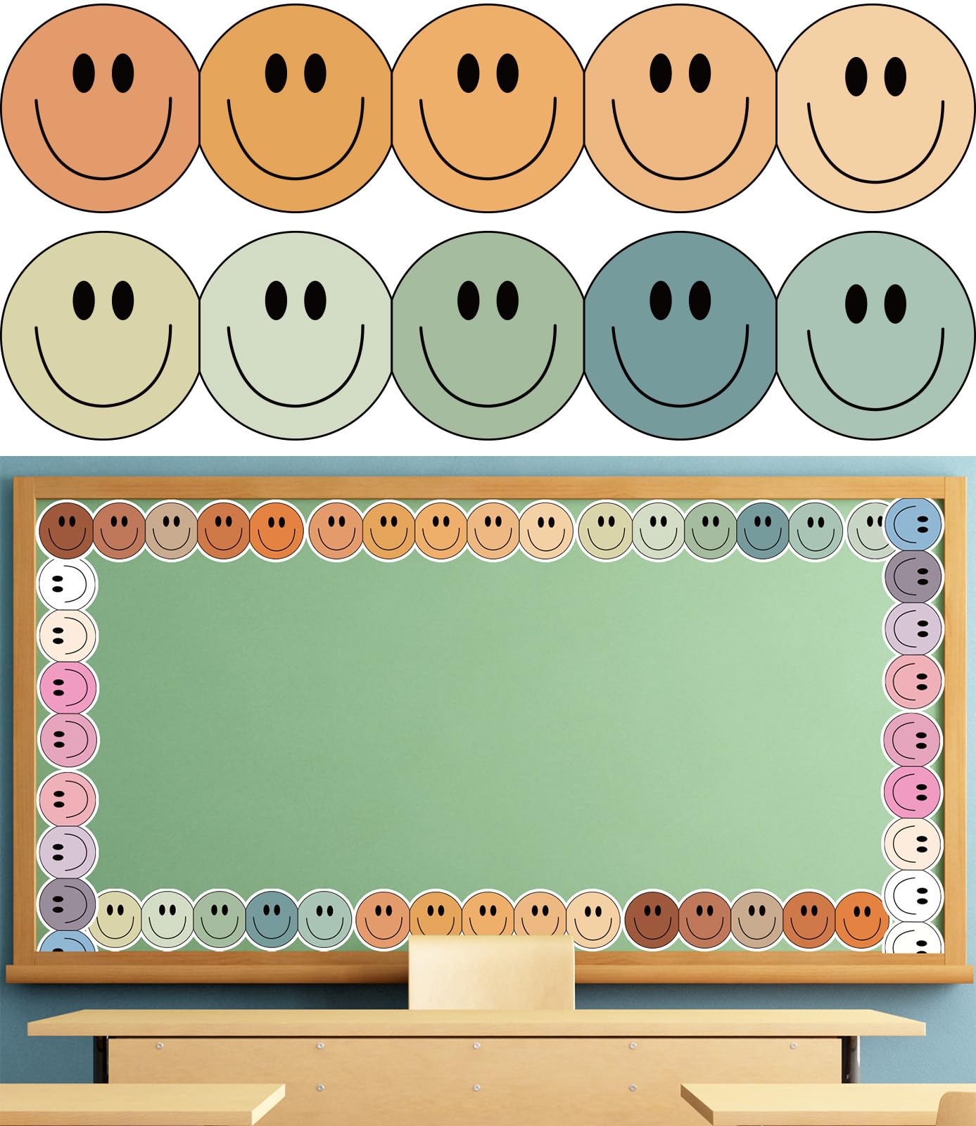 Whaline 69Ft Boho Pastel Color Smile Face Bulletin Board Borders Colorful Happy Face Die Cut Trim Border Roll For Back To School