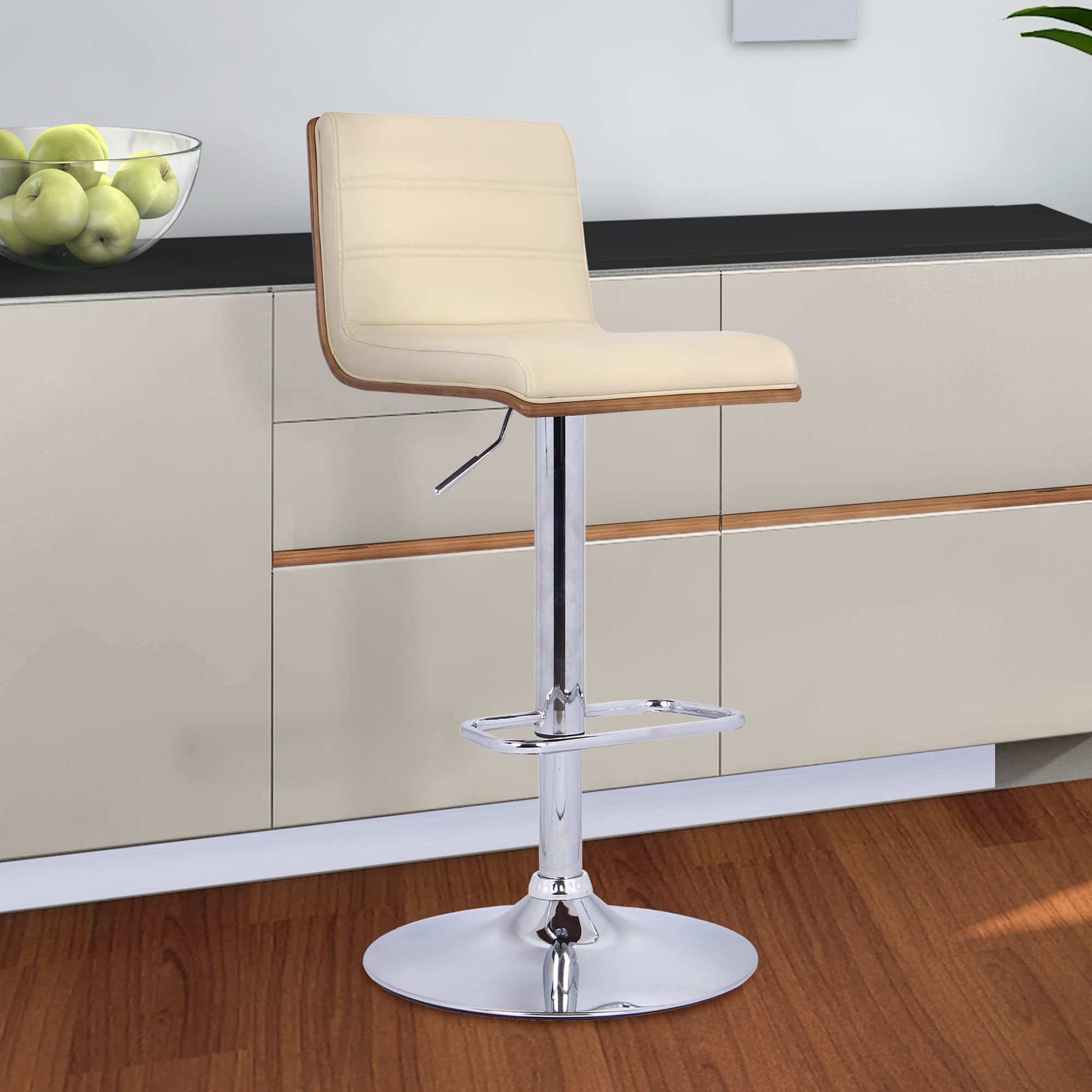 HomeRoots Chrome, Wood, Faux Leather/Leatherette Cream Faux Leather Walnut and Chrome Adjustable Swivel Bar Stool