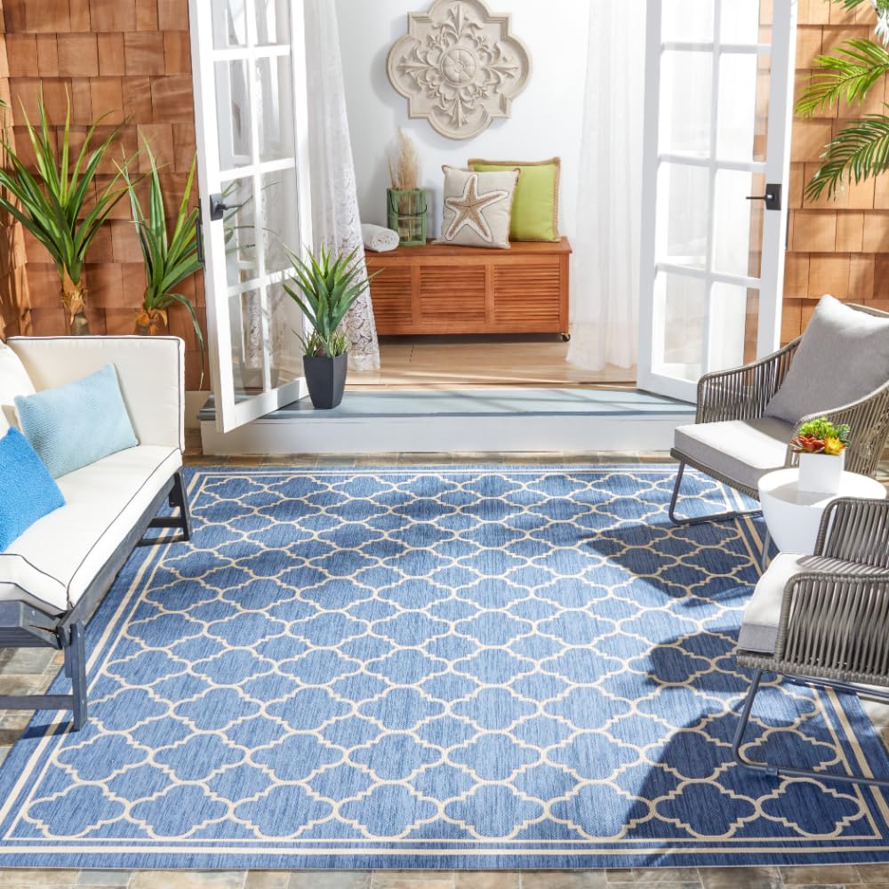 SAFAVIEH Courtyard Collection Area Rug - 9 x 12, Blue & Beige, Trellis Design, Non-Shedding & Easy Care, Indoor/Outdoor & Wash