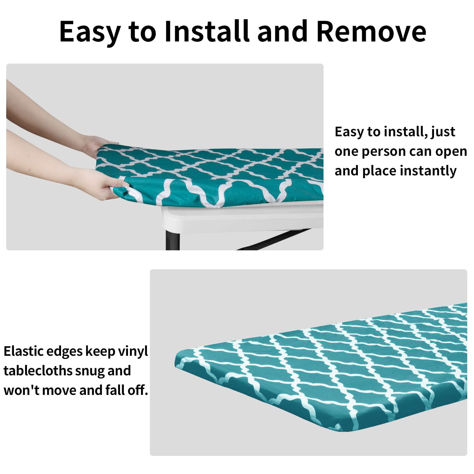 Easy-Going 100% Waterproof Picnic Outdoor Tablecloth With Bench Covers Fit 6 Foot Rectangle Table, 3-Piece Set Camping Table Cover With Seat Covers (30X72 In, Moroccan/Teal & White)