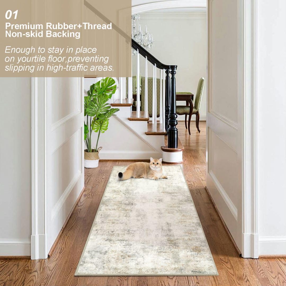 Capslpad Abstract Washable Runner Rug, 2X6 Light Beige Non-Slip Hallway Runner Rug, Modern Low Pile Kitchen Runner Rug, Ultra So