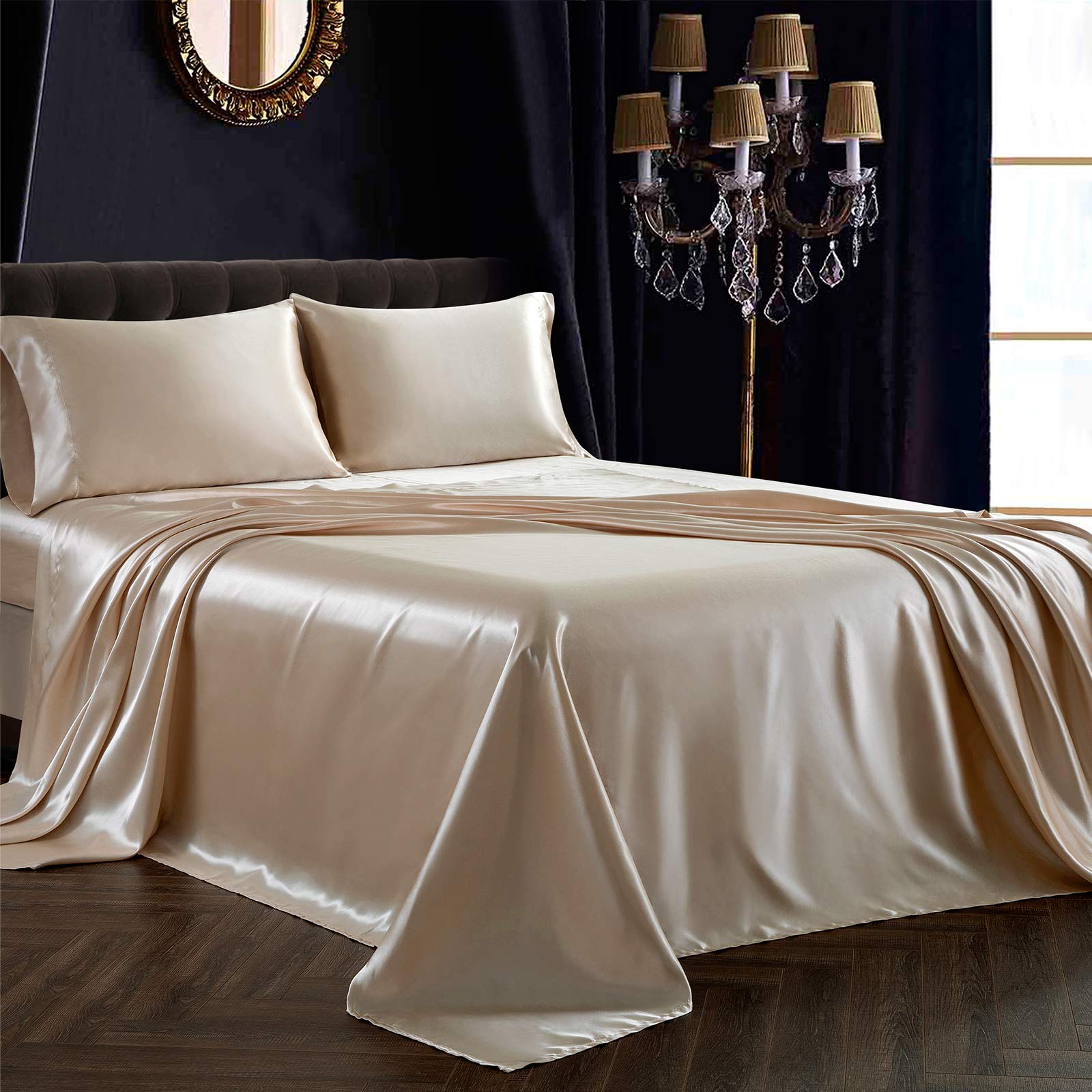 Siinvdabzx 3Pcs Satin Sheet Set Twin Size Ultra Silky Soft Beige Satin Twin Bed Sheets With Deep Pocket, 1 Fitted Sheet, 1 Flat