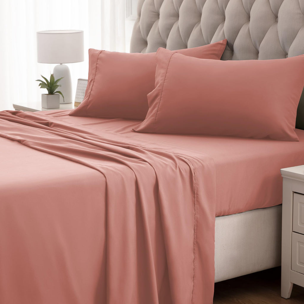 Sleep Zone Nanotex Super Soft Cooling King Bed Sheets Set 4 Piece - Easy Care Fitted Flat Sheet & Pillowcase Sets - Wrinkle Free, Fade Resistant, Deep Pocket 16' (Dull Pink, King)