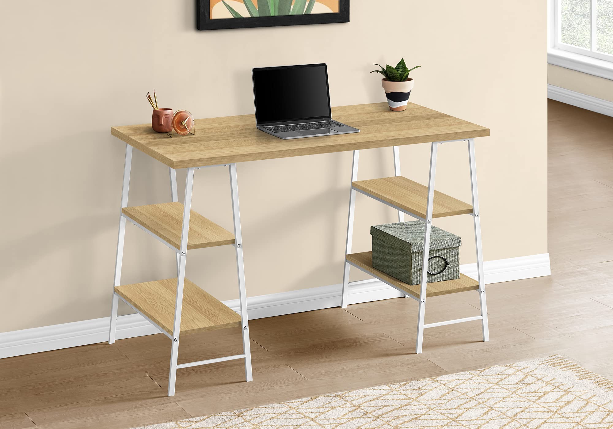 Monarch Specialties I 7529 Computer Desk, Home Office, Laptop, Storage Shelves, 48' L, Work, Metal, Laminate, Natural, White, Contemporary, Modern