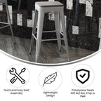 Flash Furniture Kai Commercial Grade Indoor-Outdoor Counter Height Stool - Silver Metal Frame - Gray Poly Resin Seat - 24&Quot; High - Backless