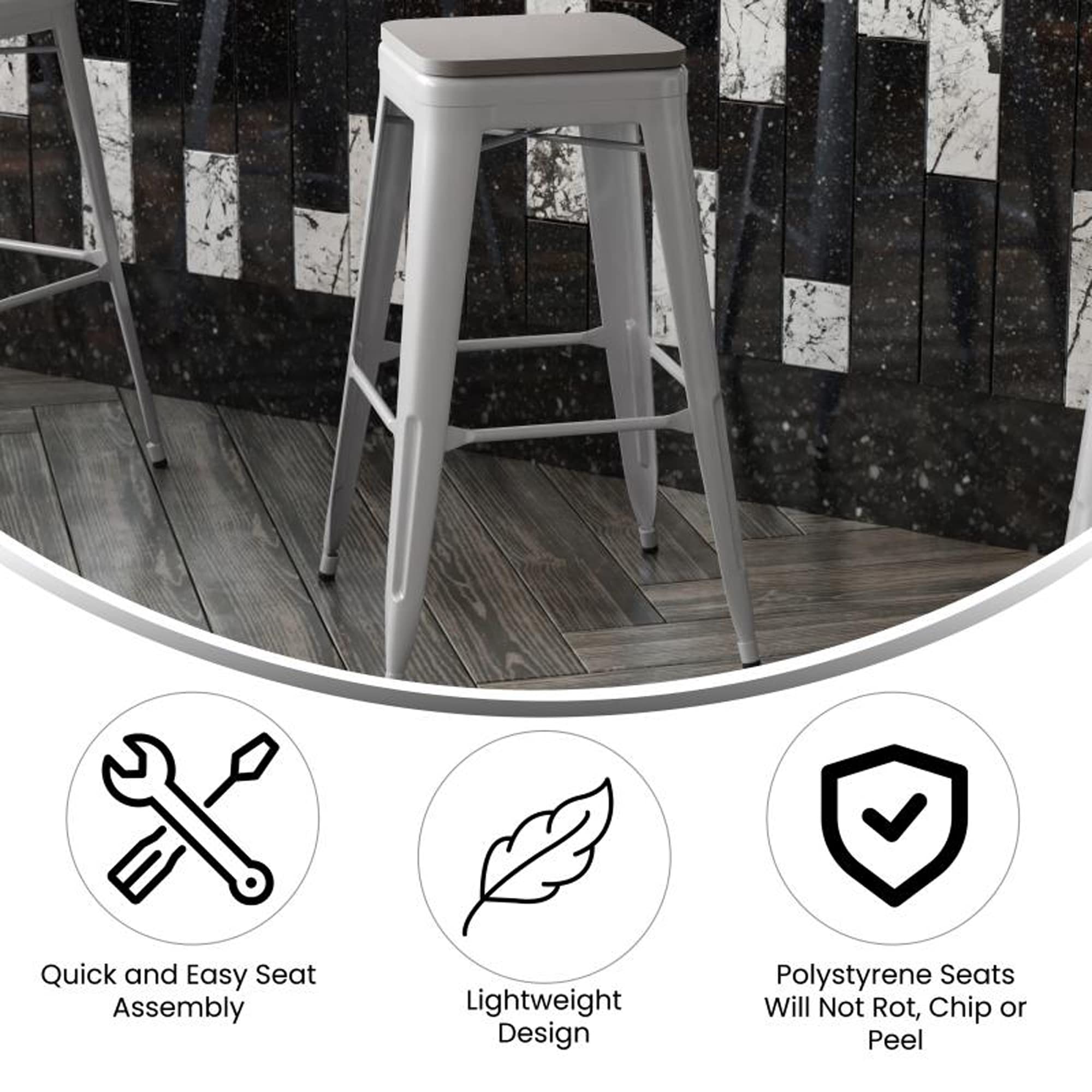 Flash Furniture Kai Commercial Grade Indoor-Outdoor Counter Height Stool - Silver Metal Frame - Gray Poly Resin Seat - 24&Quot; High - Backless