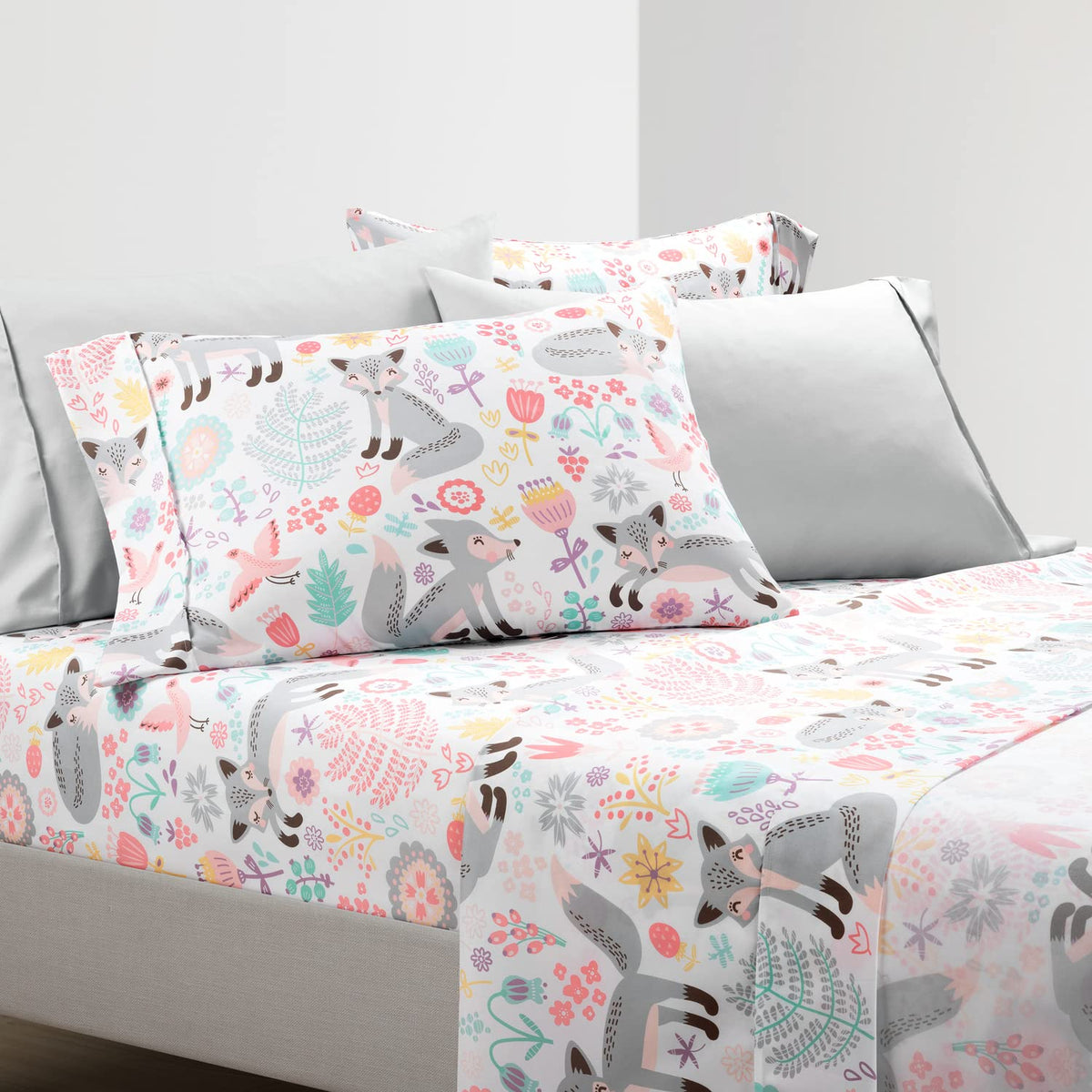 Lush Decor Pixie Fox Soft Sheet Set, 4 Piece Set, Twin, Gray & Pink - Twin Bed Sheets - Toddler Bedding Set For Girls - Twin She