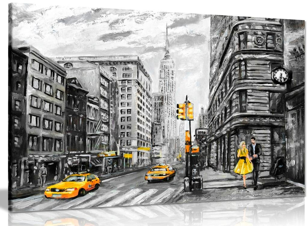 Black White Yellow New York City Oil Painting Canvas Wall Art Picture Print (18x12in)