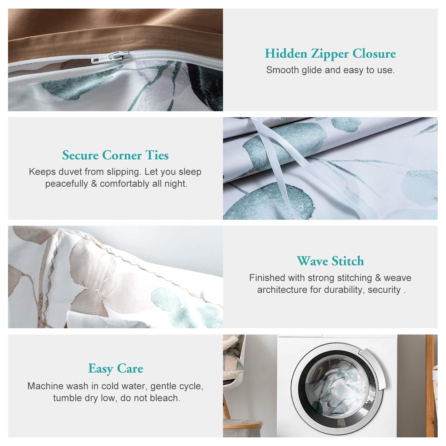 Mildly 100% Long-Staple Cotton Duvet Cover Set Teal Blue Green Leaf Pattern Printed Comforter Cover 3Pcs, Ultra Soft & Breathabl