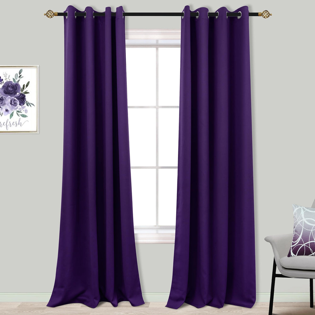 Mrs.Naturall 96 Inches Long Royal Purple Blackout Curtains for Living Room 2 Panels Set Thermal Insulated Grommet Cold Blocking 