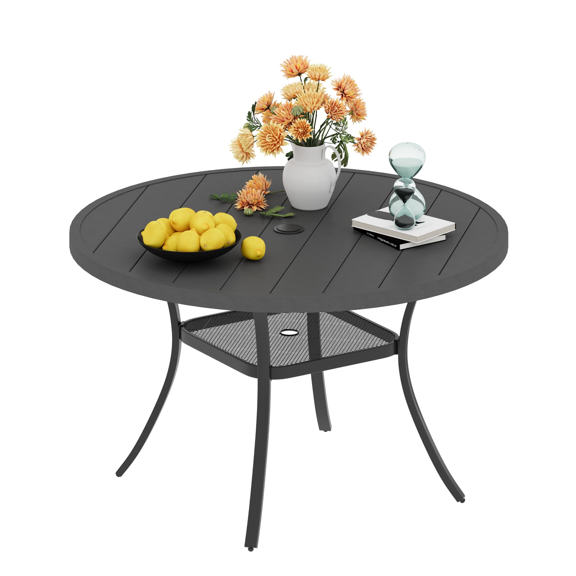 Vicllax Round Patio Dining Table, 4-6 Person Metal Outdoor Dining Table With Umbrella Hole For Garden Lawn Deck, 48' Dark Grey