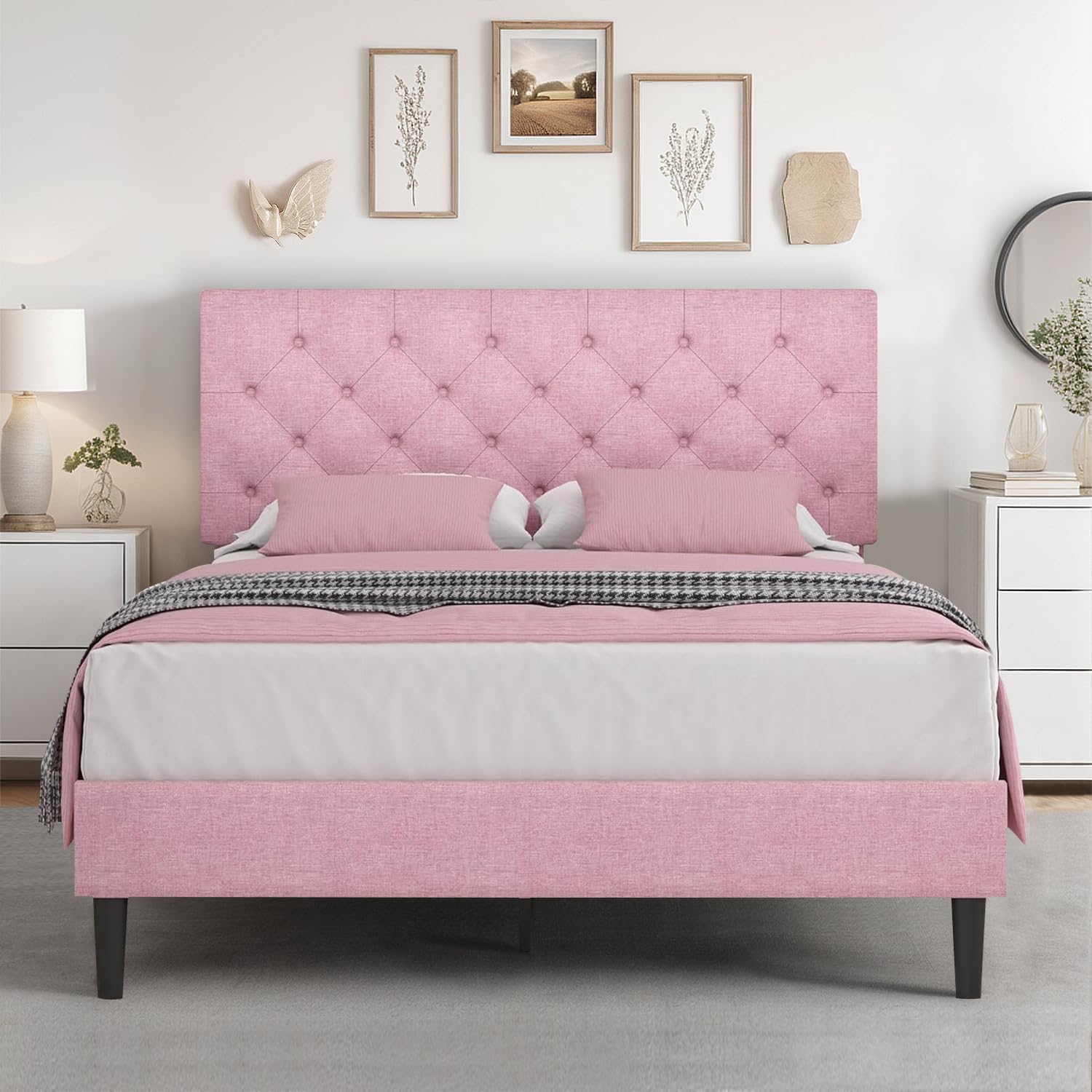 Hombck Full Bed Frame With Headboard, Linen Fabric Upholstered Bed Frame Full, Pink Bed Frame With Wood Slats, Button Tufted, No Box Spring Needed, Pink