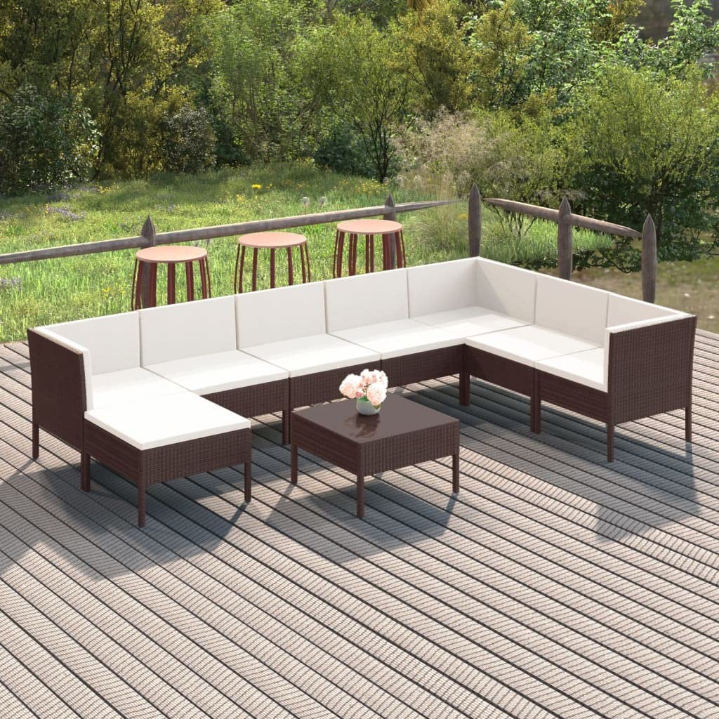 vidaXL 9-Piece Outdoor Patio Lounge Set with Cushions - Brown Poly Rattan, Includes 4 Middle Sofas, 3 Corner Sofas, Footrest and Table - Weather-Resistant PE and Powder-Coated Steel Frame