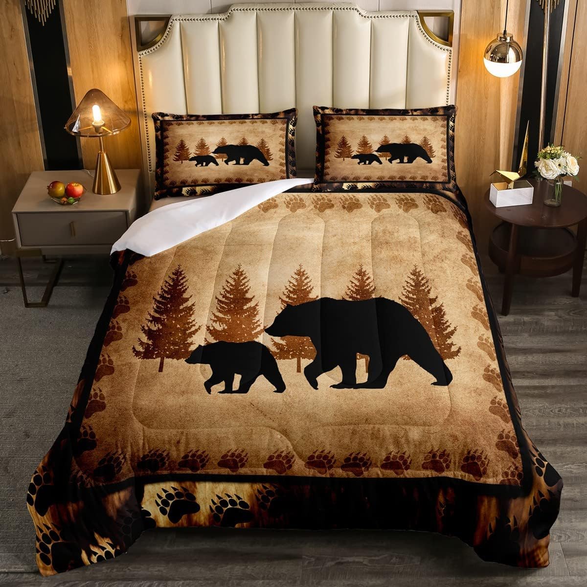 Bear Comforter Set King Size Farmhouse Wild Animal Comforter Retro Bear Family Bedding Set For Kids Boys Girls Brown Bear Paws D