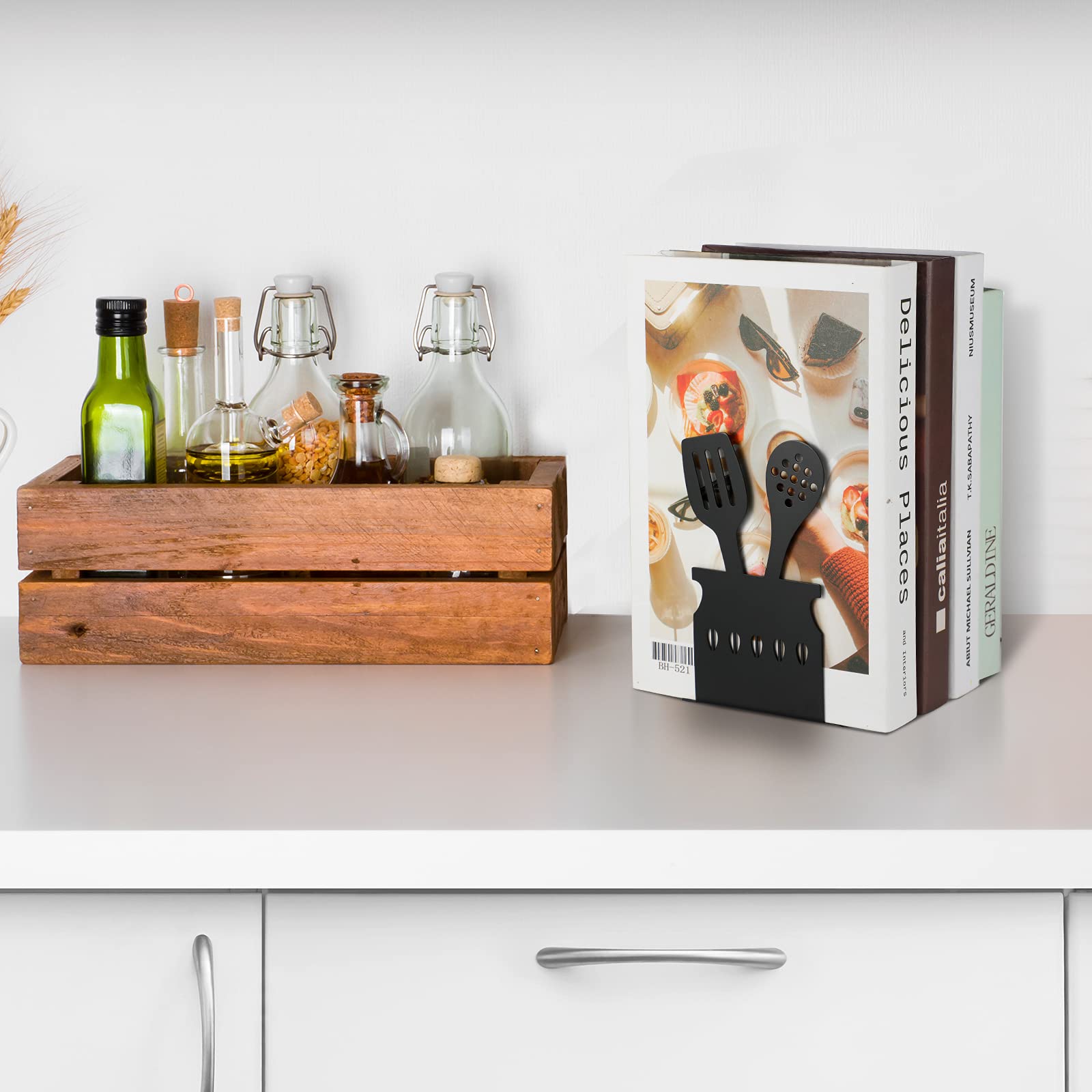 Black Kitchen Bookends 5.9 X 3.9 X 3.9 Inch Spoon Decorative Cookbook Metal Book Ends With Non-Slip Mat Metal Cookbook Storage B