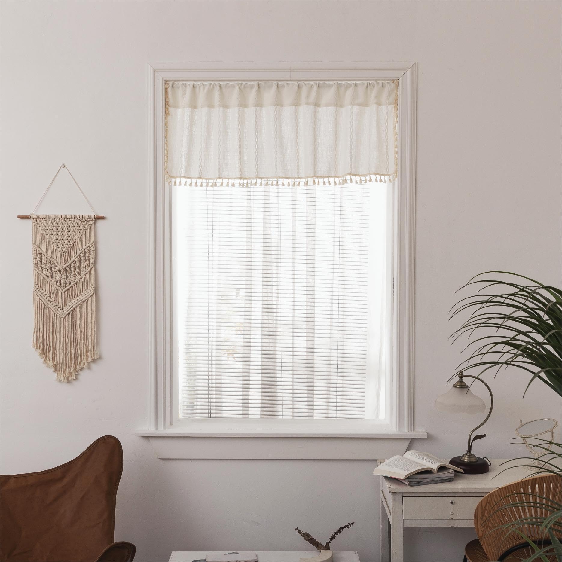 Sutuo Home White Boho Valance Curtains Tier 36 inches for Kitchen Cafe Closet, Short Farmhouse Vintage Tassels Window Treatment 