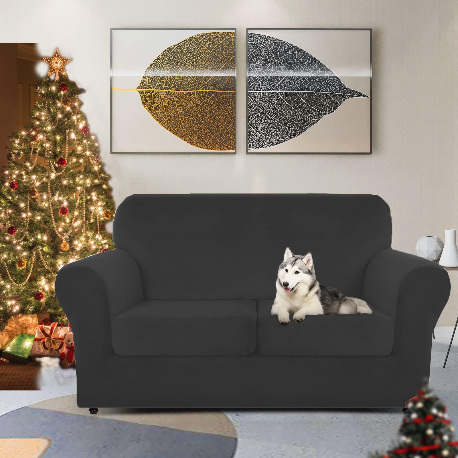 Znsayotx Luxury Velvet Sofa Cover 3 Piece (57'-70') Stretch Loveseat Covers For 2 Cushion Couch Thick Soft Couch Slipcover With Non Slip Strap, Dog Pet Friendly Nice Furniture Protector (Black)