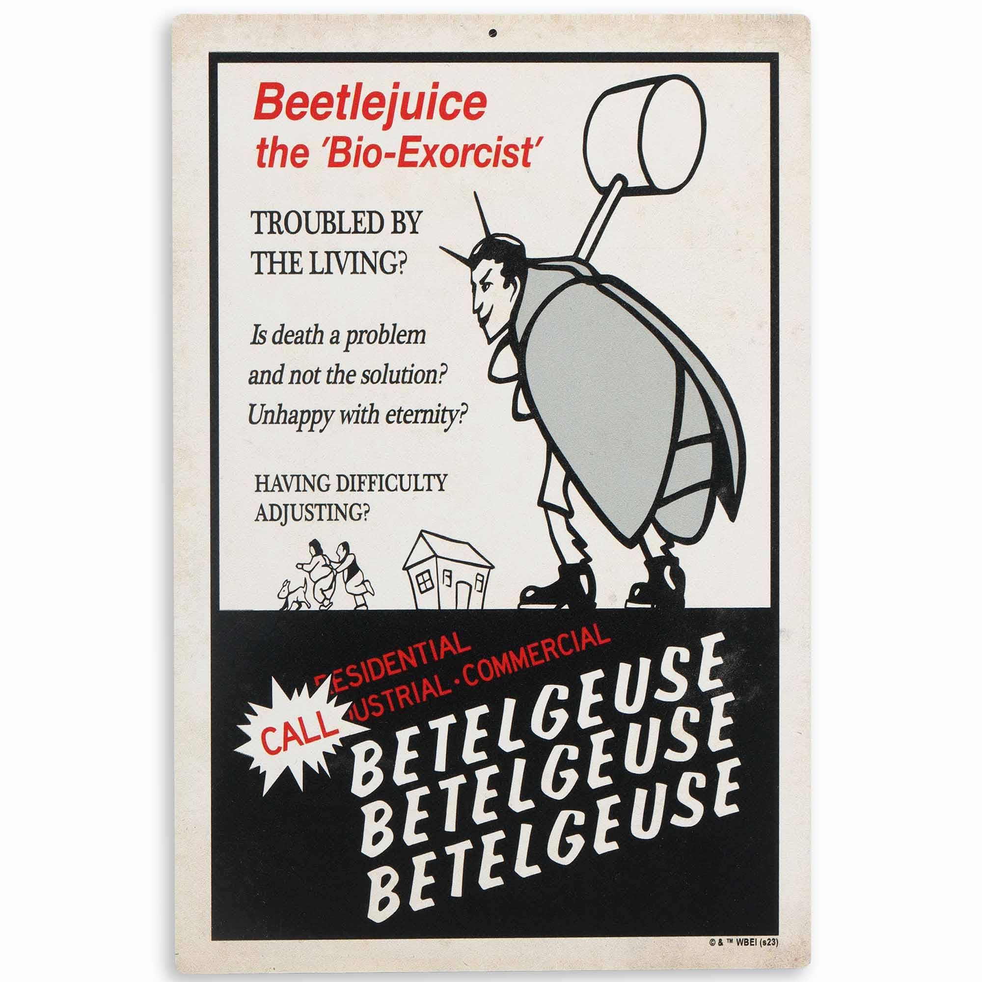 Beetlejuice The Bio-Exorcist Ad Hanging Metal Sign - Funny Beetlejuice Sign for Movie Room or Halloween Decor