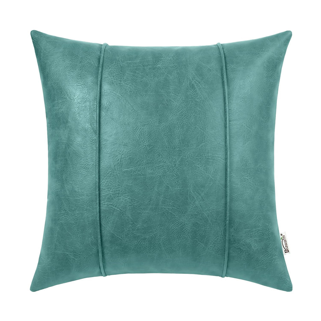 BRAWARM Teal Leather Throw Pillow Covers 22 X 22 Inches - Faux Leather Pillow Cover with Piping, Hand Stitched Leather Throw Pil