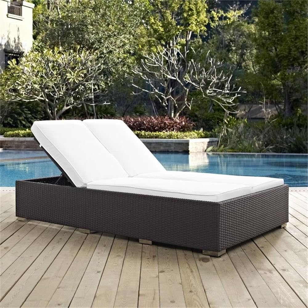 Modway Convene Wicker Rattan Outdoor Patio Upholstered Double Chaise Chair In Espresso White