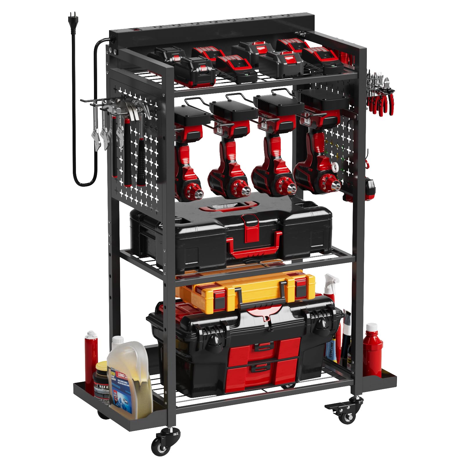 VDEVY Power Tool Organizer Cart with 8 Power Outlet & Adjustable Storage, Garage Workshop Tool Box Cart, Gifts for Men