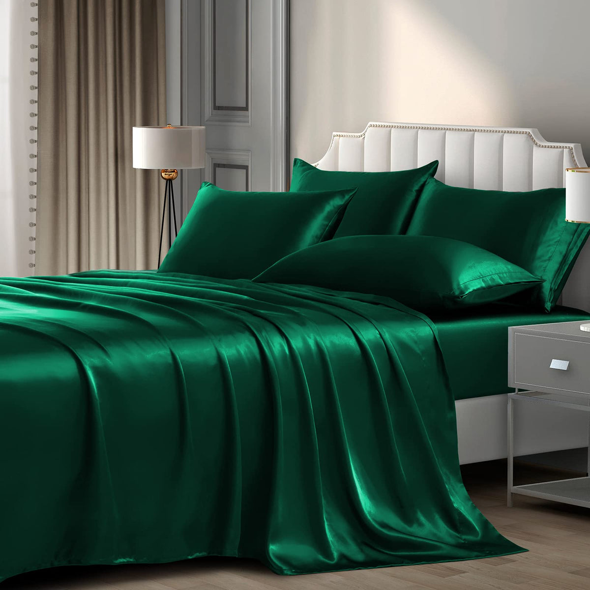 P Pothuiny 6-Piece Queen Satin Sheets Luxury Silky Blackish Green Satin Bedding Sheet Set, 1 Deep Pocket Fitted Sheet + 1 Flat S