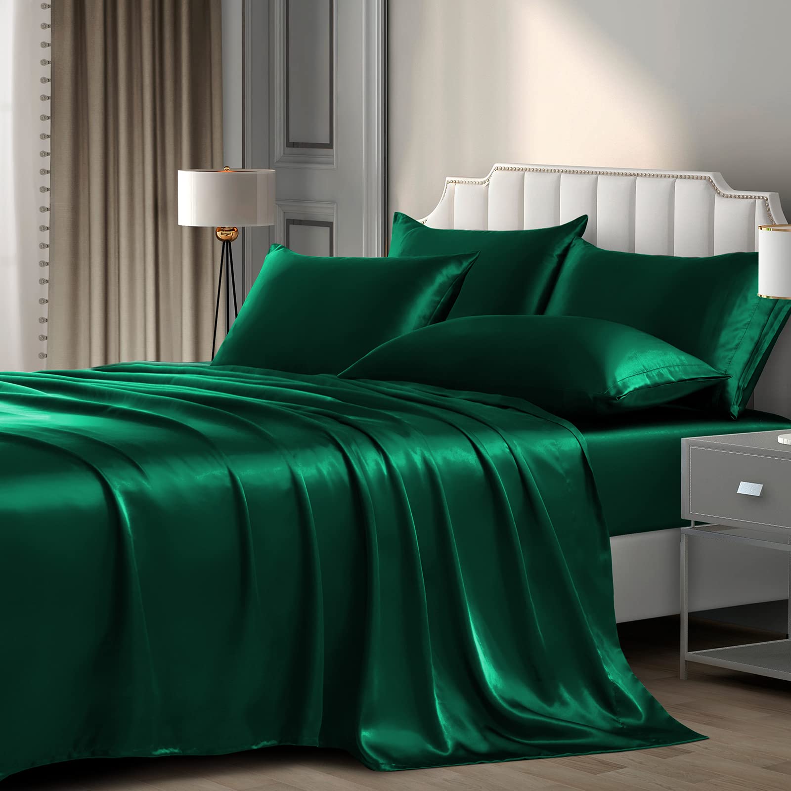 P Pothuiny 6-Piece Queen Satin Sheets Luxury Silky Blackish Green Satin Bedding Sheet Set, 1 Deep Pocket Fitted Sheet + 1 Flat S