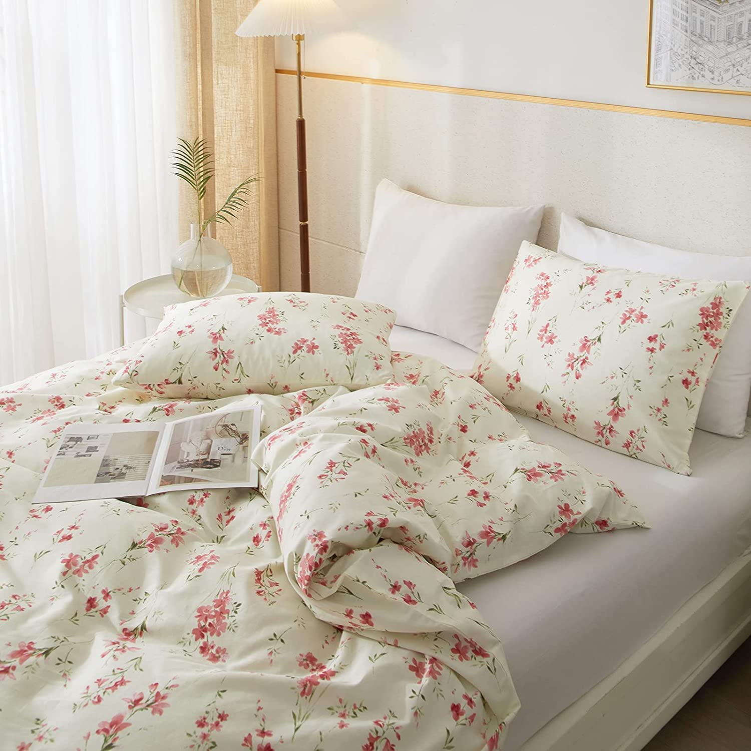 Boho Floral Duvet Cover Queen Soft Cotton Pink Floral Bedding Set Chic Garden Style Cute Flower Pattern Duvet Cover Vintage Flor