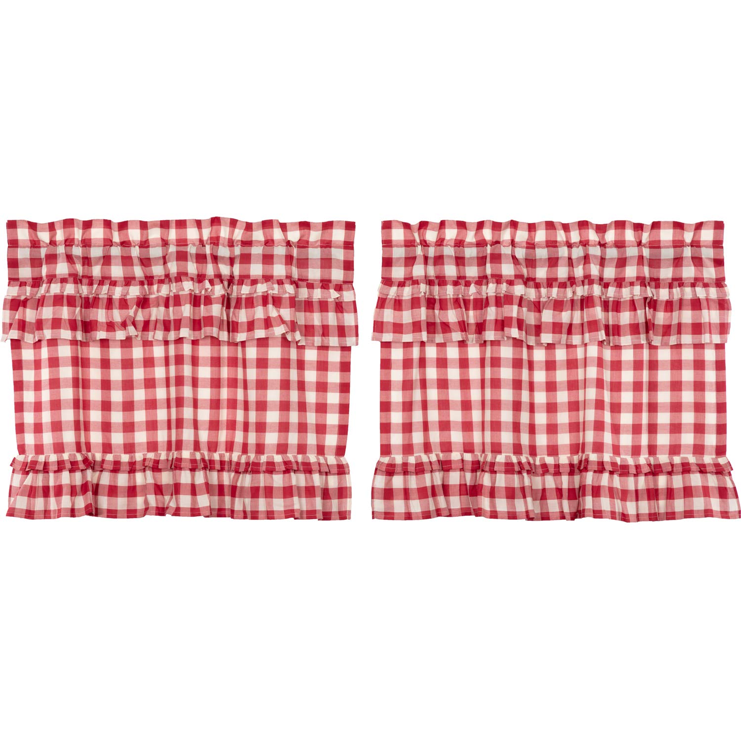 Vhc Brands Annie Buffalo Check Cotton Farmhouse Kitchen Curtains Rod Pocket Hanging Loops Ruffling 24X36 Tier Pair, Red Country