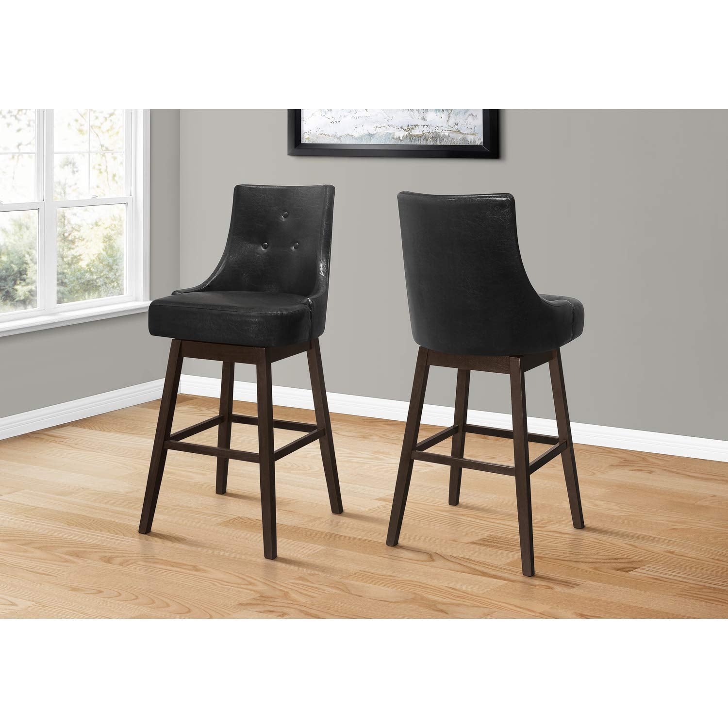 Monarch Specialties I 1242 Bar Stool, Set of 2, Swivel, Bar Height, Wood, Pu Leather Look, Black, Brown, Transitional