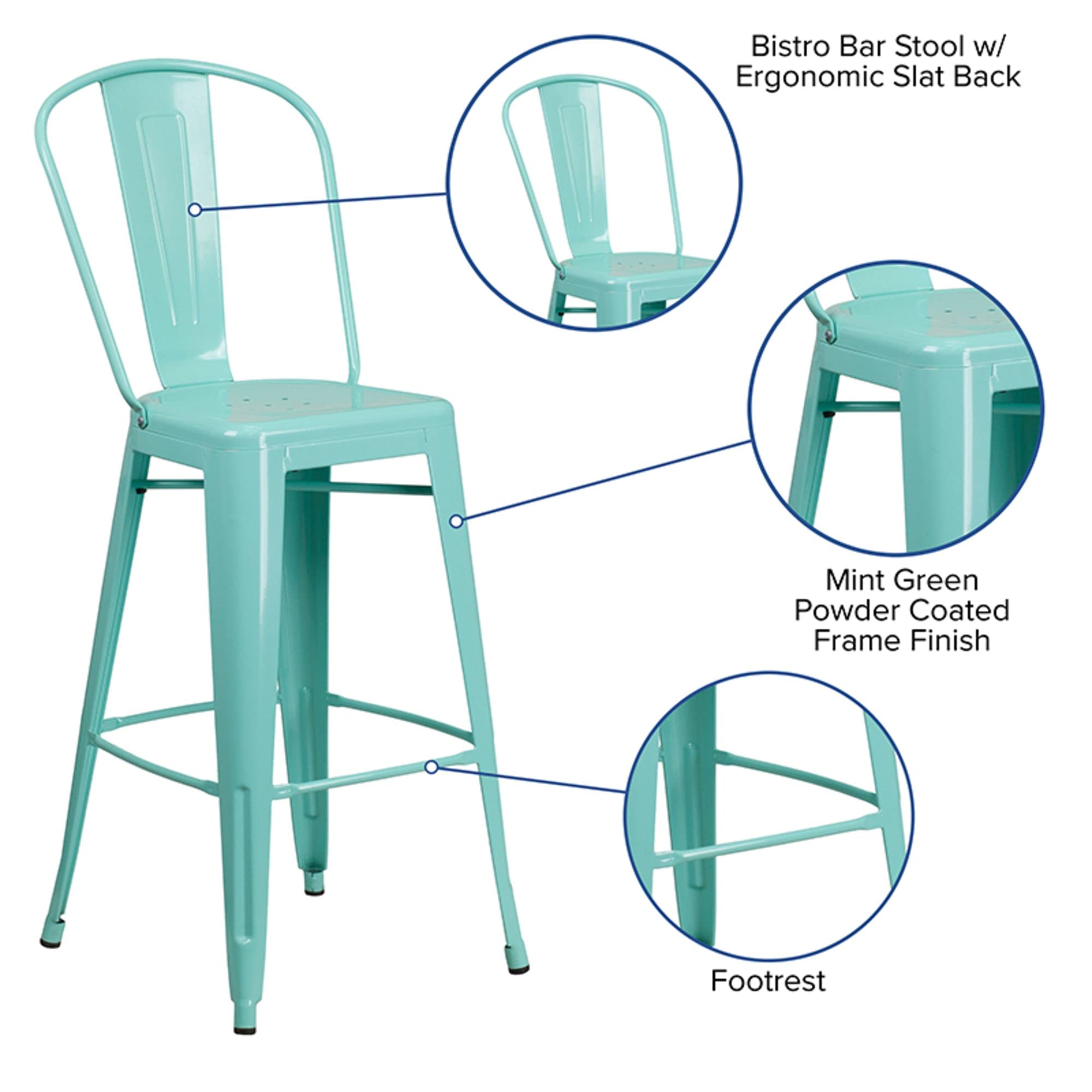Flash Furniture Commercial Grade 30' High Mint Green Metal Indoor-Outdoor Barstool With Back