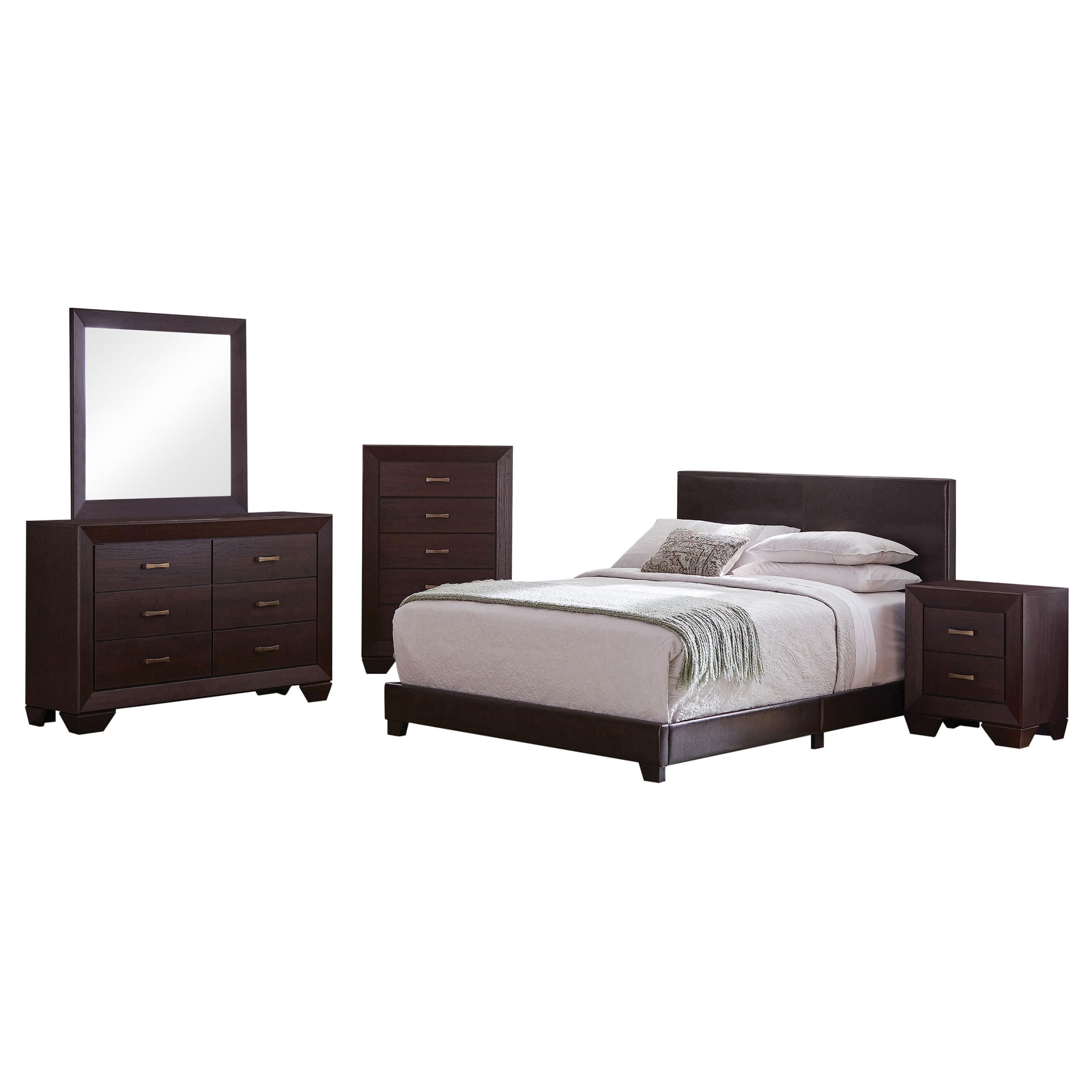 Coaster Home Furnishings Dorian Transitional 5-Piece Bedroom Set Leatherette Upholstered Eastern King Size Panel Bed Frame 46-inch Headboard Dark Cocoa 300762KE-S5