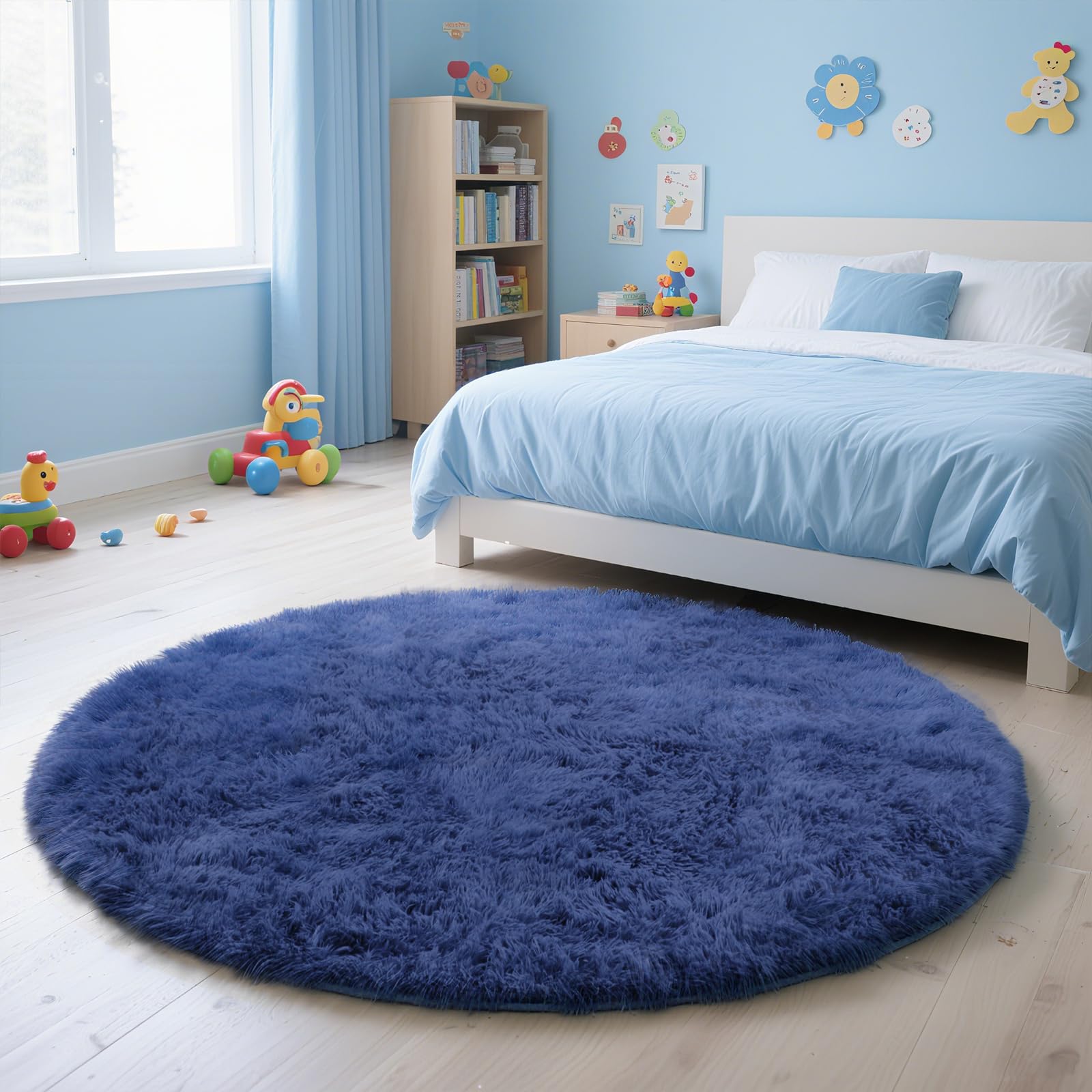 yulidayang Blue Fluffy Round Area Rugs for Living Room,6'X6'Shag Circle Area Rugs for Bedroom,Non Slip Fuzzy Plush Rug for Kids 