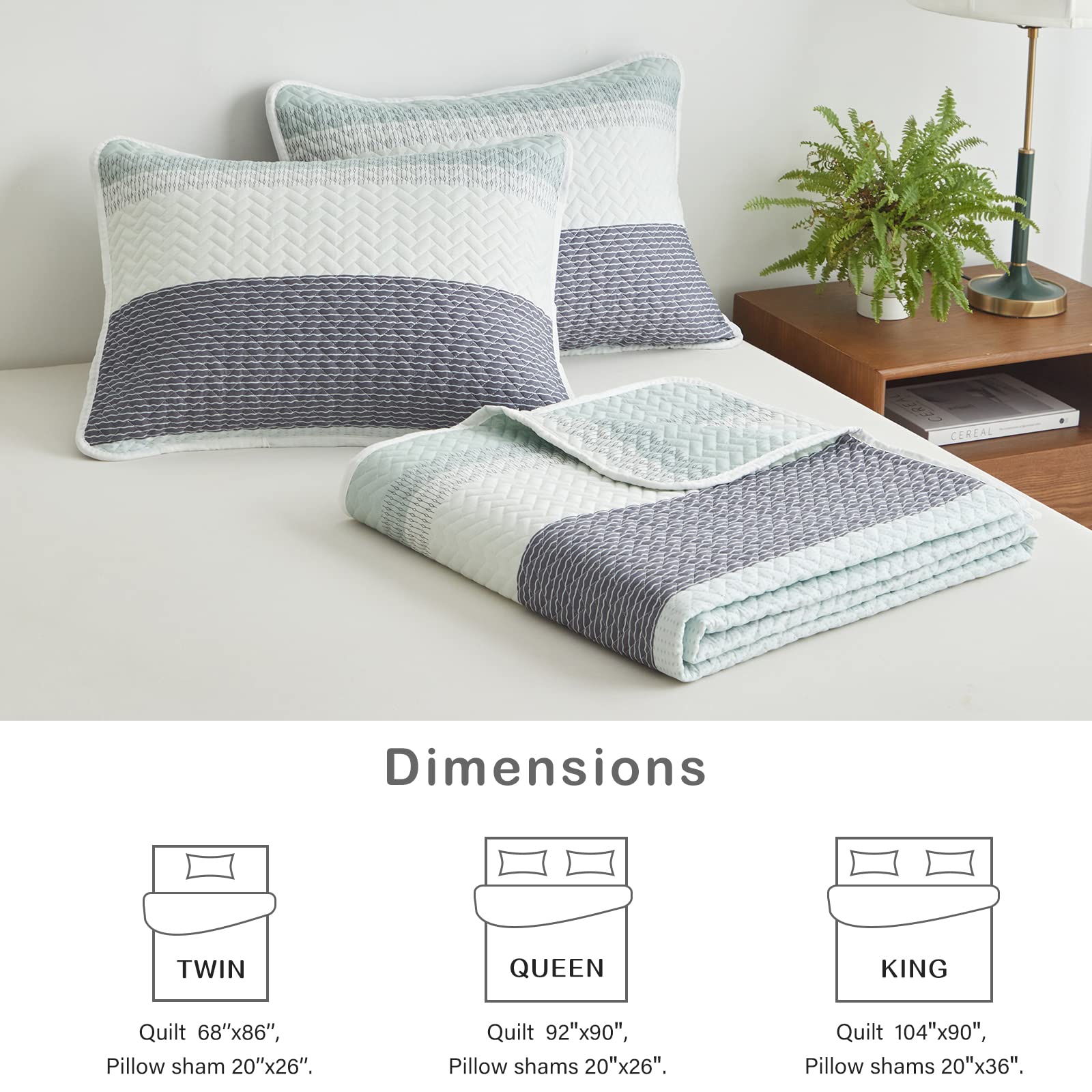 Flysheep Boho Striped Quilt Set Twin Size For Kids, 2 Pcs Green Grey And White Reversible Bedspread, Brushed Microfiber Coverlet