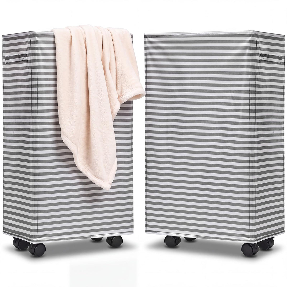 Hushee 2 Pcs Laundry Hamper with Wheels, 70 L Grey Striped Laundry Basket