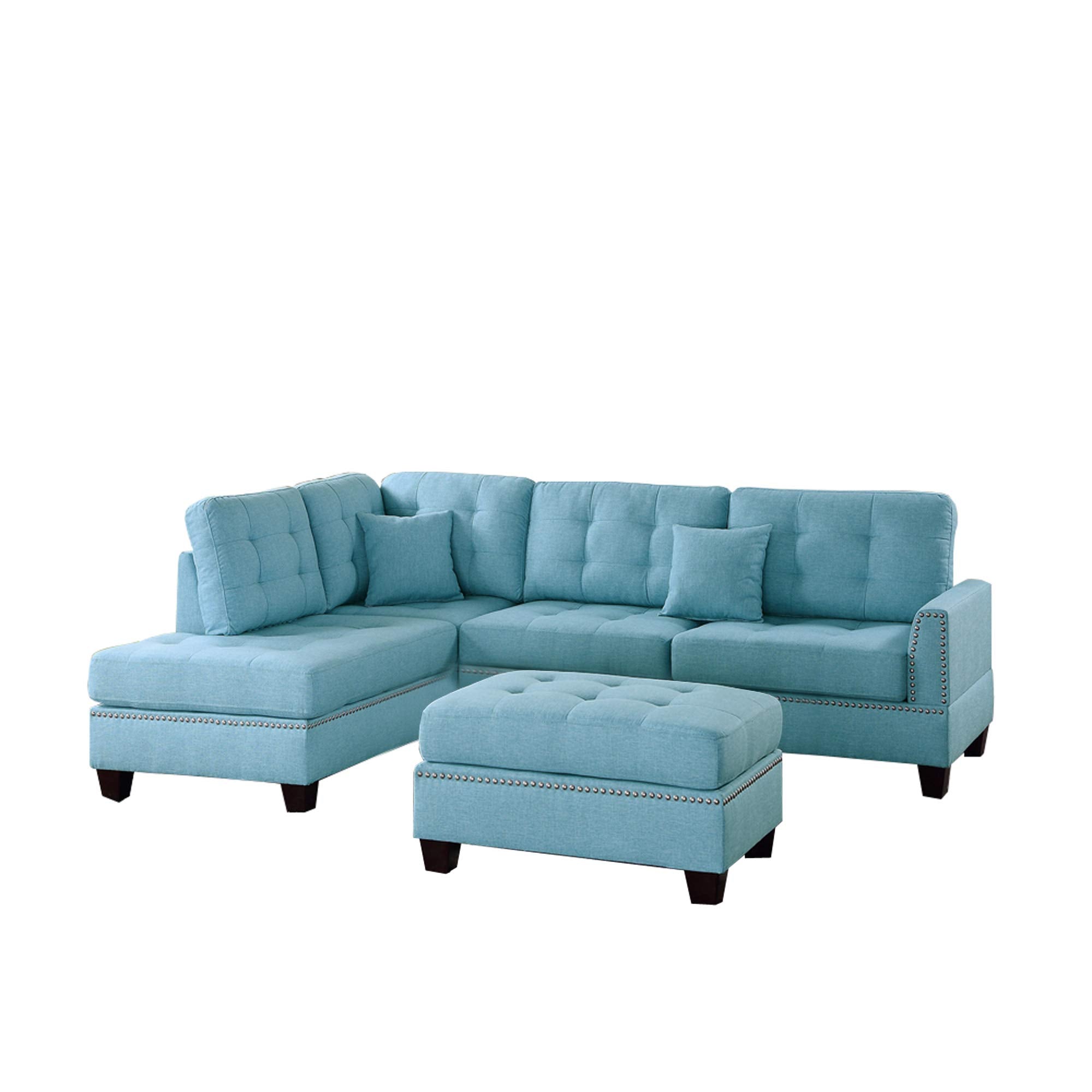 Benjara Benzara Polyfiber Sectional Sofa With Ottoman, Blue,