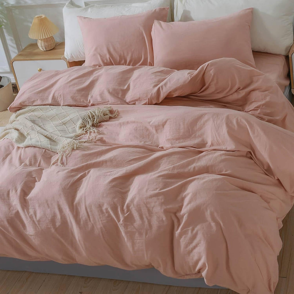 Nexhome Pro Duvet Cover Set 100% Washed Cotton Oversized King 120'X98' Linen Feel Textured Organic Natural 3 Pieces Bedding Set With Zipper Closure And Corner Ties, Breathable (Pink, No Comforter)