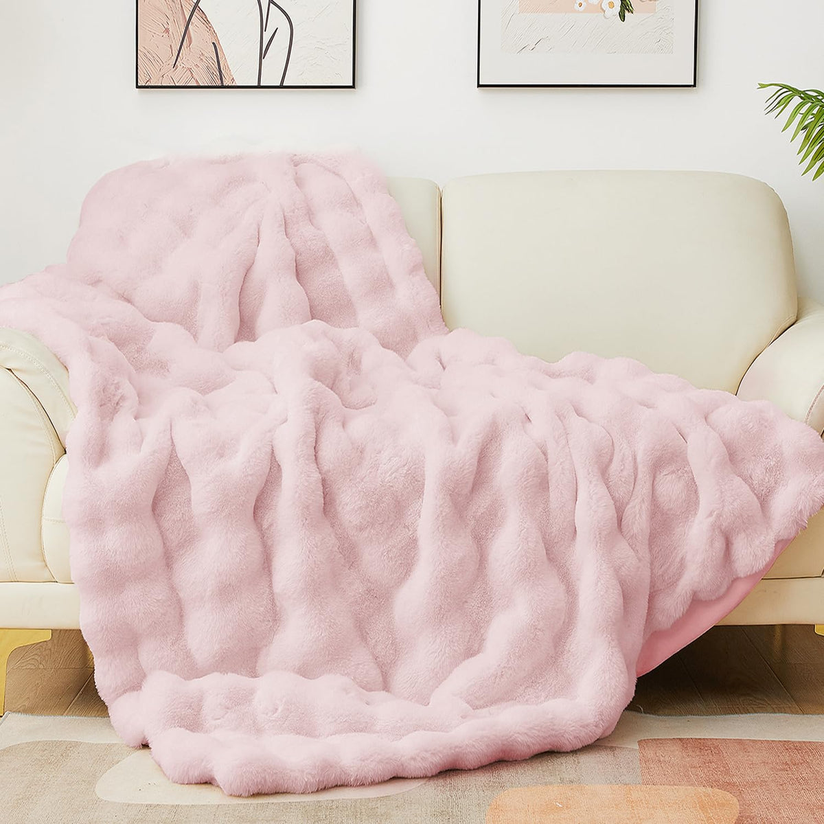 Latepis Pink Faux Fur Queen Blanket For Bed Bubble Cute Soft Warm Comforter Thick Furry Blanket For Sofa Bedroom Cozy Blankets F