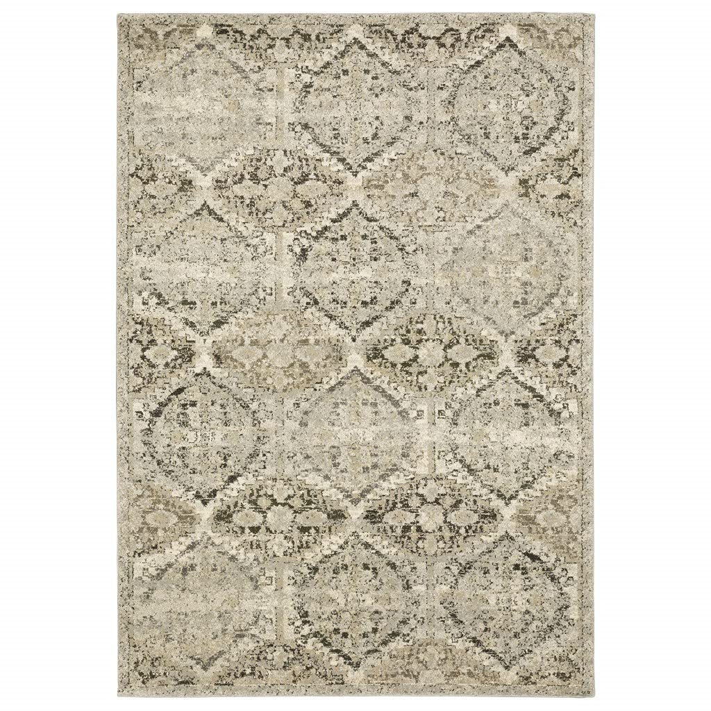 HomeRoots Polypropylene 7’ x 10’ Ivory and Gray Floral Trellis Indoor Area Rug