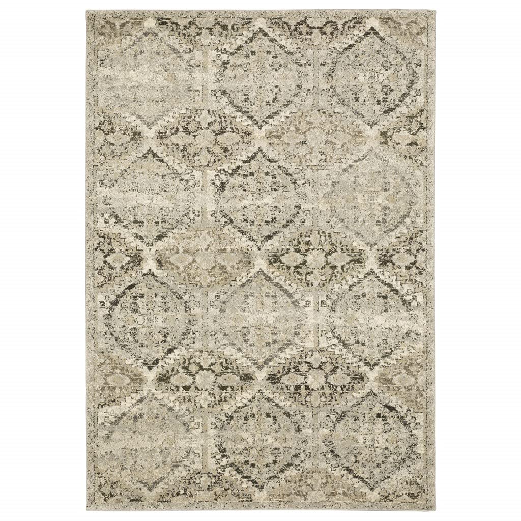 HomeRoots Polypropylene 5’ x 8’ Ivory and Gray Floral Trellis Indoor Area Rug